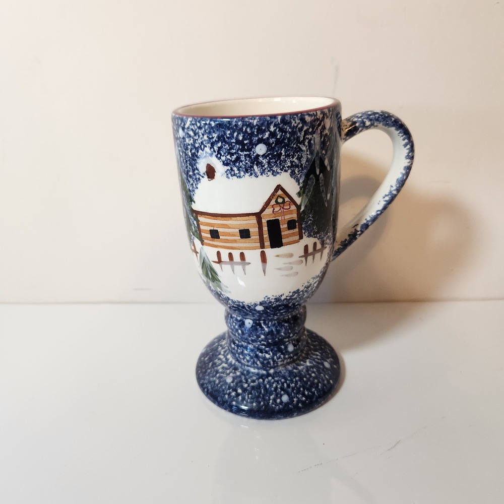 The Cook's Bazaar Gourmet Winter Cabin Pedestal Mug Blue Spongeware Ceramic 6"
